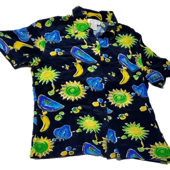 Silk Tropical Print Silk Shirt L Short Sleeve Button Front Resort Vibe SoftGirl - Picture 4 of 9